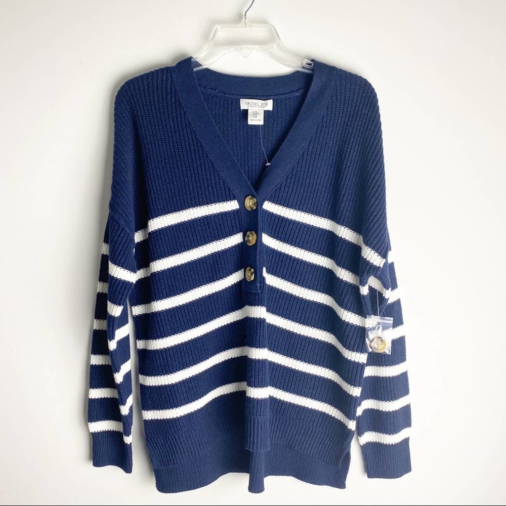 New Rachel Zoe Striped Navy Blue and White Oversized Knit Sweater Medium